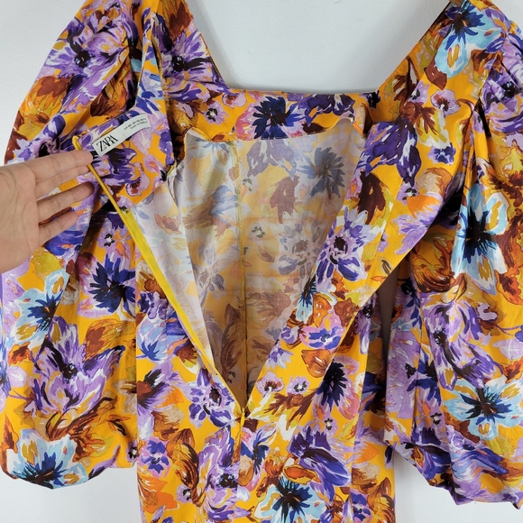 Zara Camilla Floral Square Neck Off The Shoulder Balloon Sleeve Mini Dress - Picture 10 of 11